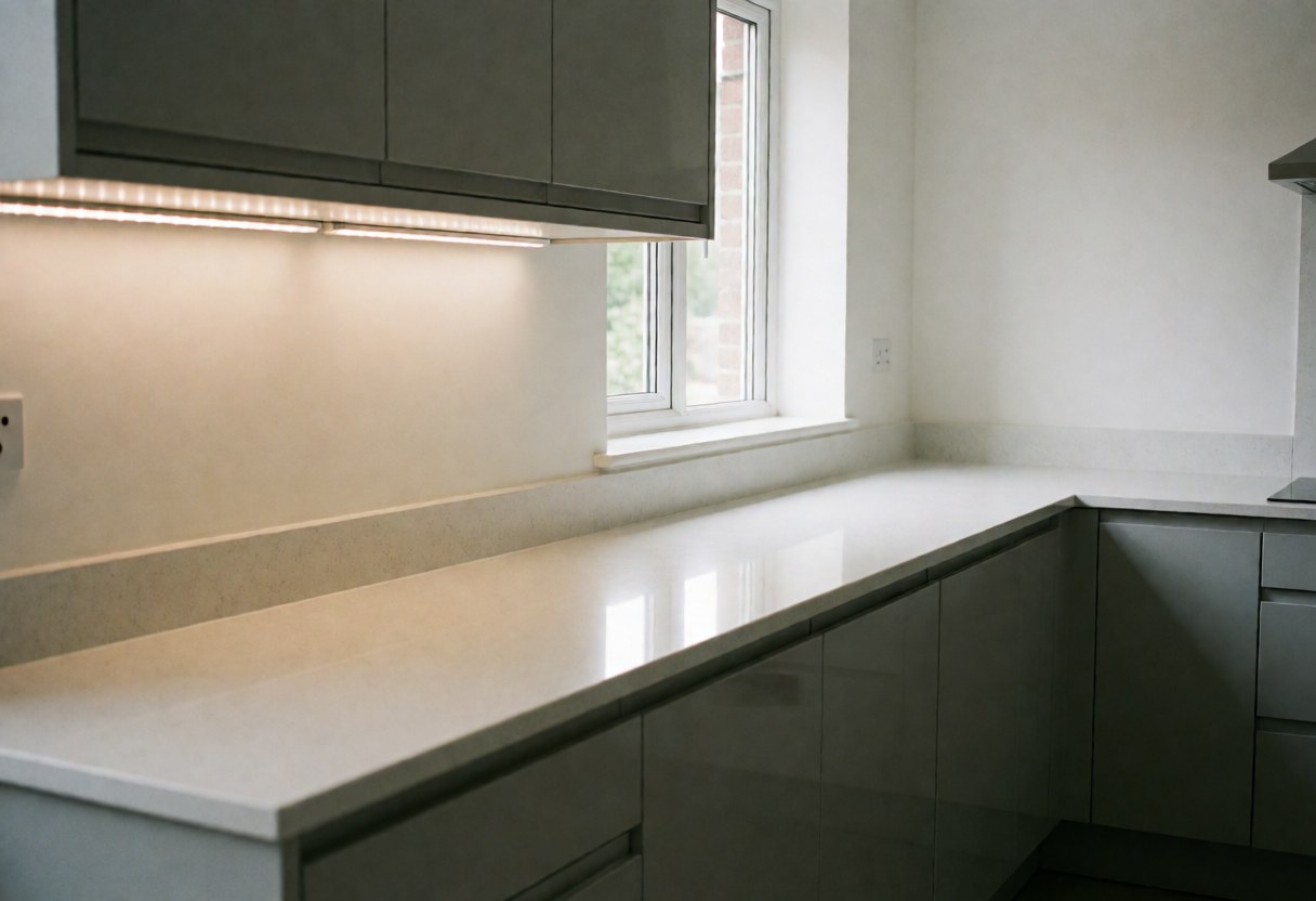 Cuisine moderne avec plan de travail en quartz blanc et armoires grises, éclairage LED sous les armoires, murs blancs et fenêtre avec lumière naturelle.