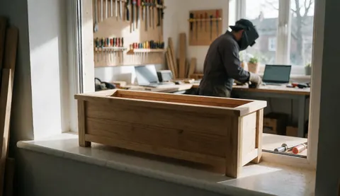 Un coffret en bois fini repose sur le rebord de la fenêtre d'un atelier, avec un travailleur et des outils en arrière-plan, idéal pour un menuisier.