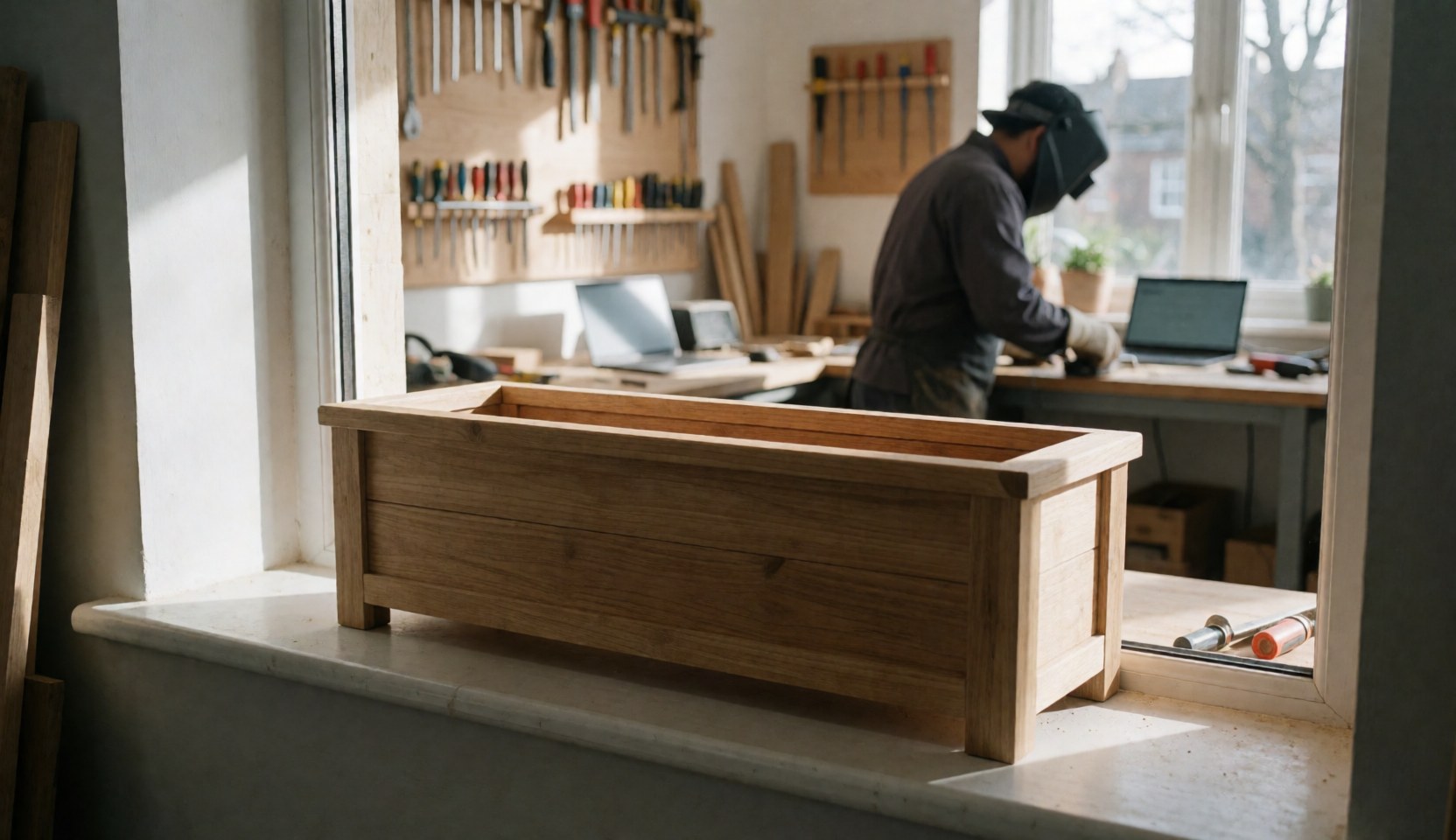 Un coffret en bois fini repose sur le rebord de la fenêtre d'un atelier, avec un travailleur et des outils en arrière-plan, idéal pour un menuisier.