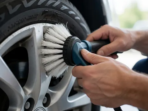 Des mains utilisent une brosse pour nettoyer une jante en alliage avec de la mousse blanche dans un atelier de pneus.