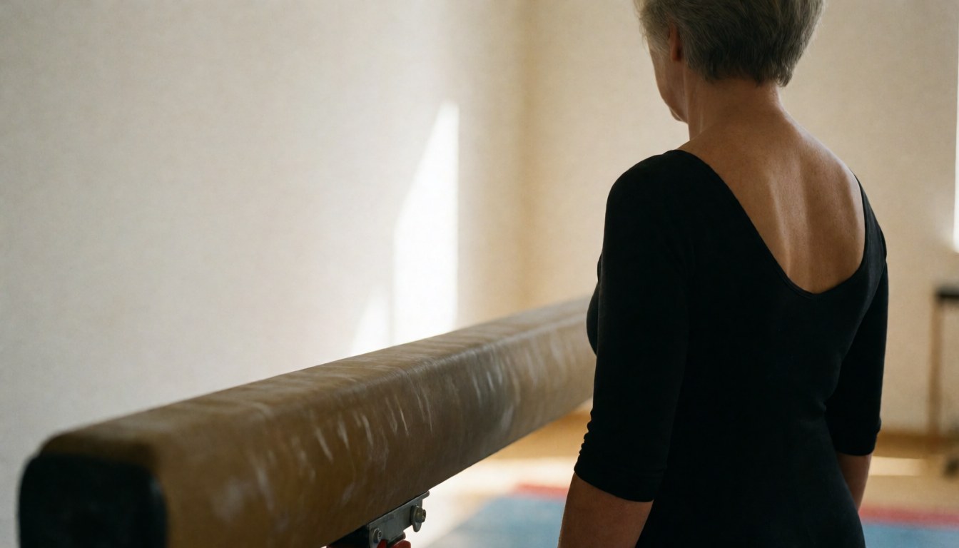 Entraîneur de gymnastique vu de dos à côté d'une poutre d'équilibre dans un gymnase aux murs blancs et à la lumière naturelle, idéal pour une page d'accueil de site web
