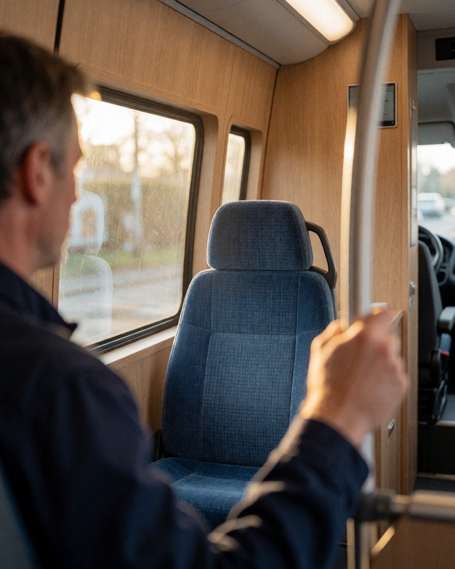Un passager tient une barre de maintien en regardant un siège bleu dans un véhicule de transport public avec des panneaux en bois et une lumière naturelle.