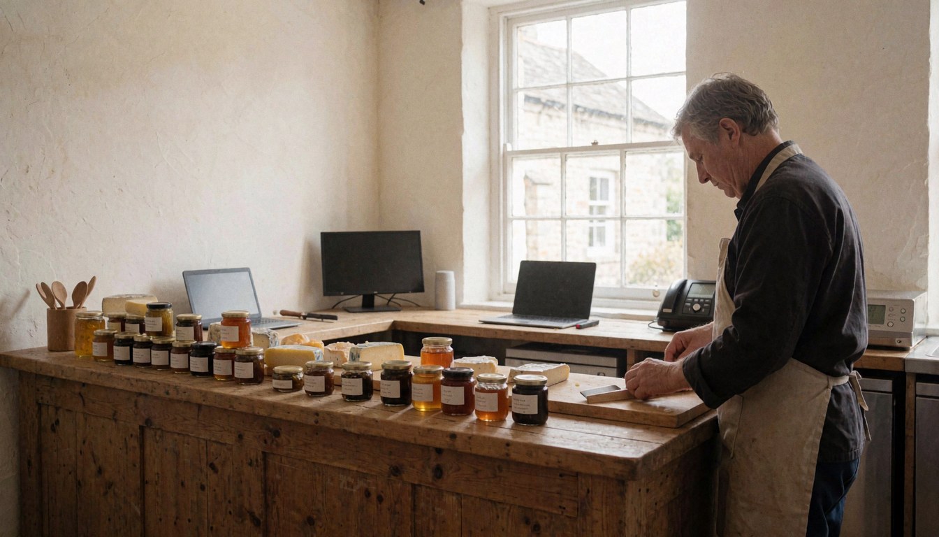Un homme coupe du fromage sur un comptoir en bois avec des pots de miel, près d'une fenêtre baignée de lumière naturelle dans un hébergement rural.