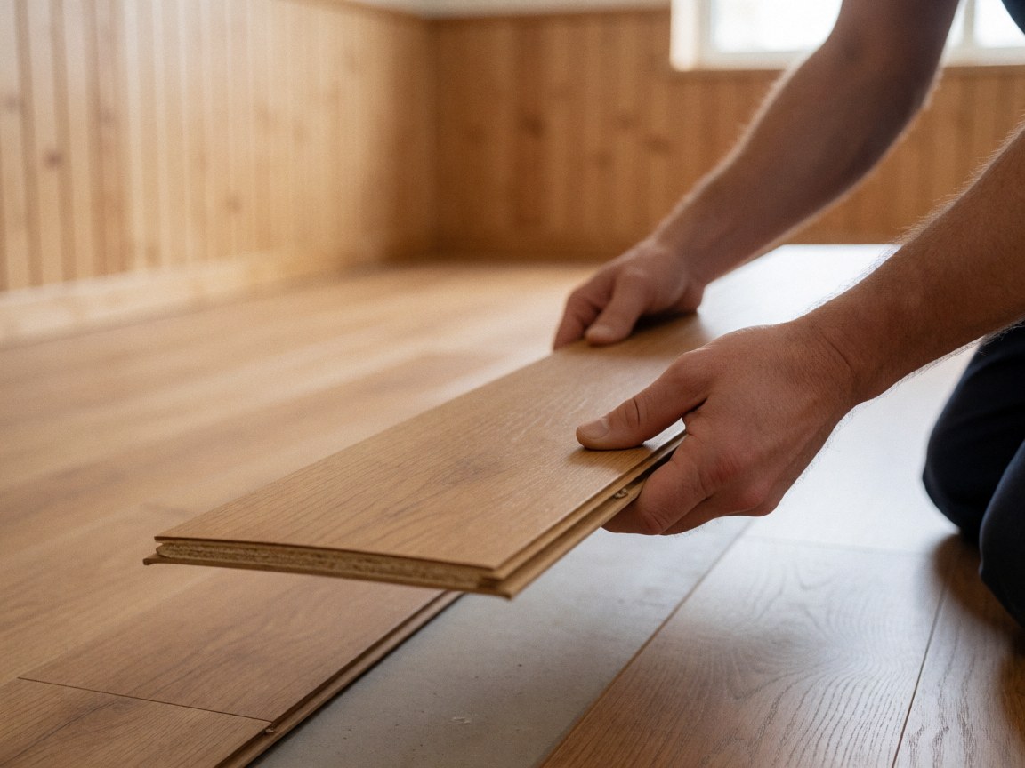 Mains ajustant la jonction par clic d'une lame de parquet flottant sur un sol installé, avec des murs à lamelles de bois et une lumière naturelle.
