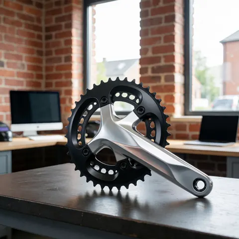 Ensemble de manivelles de vélo équipé d'un capteur de puissance posé sur une table de travail dans un atelier aux murs de briques avec une lumière naturelle.
