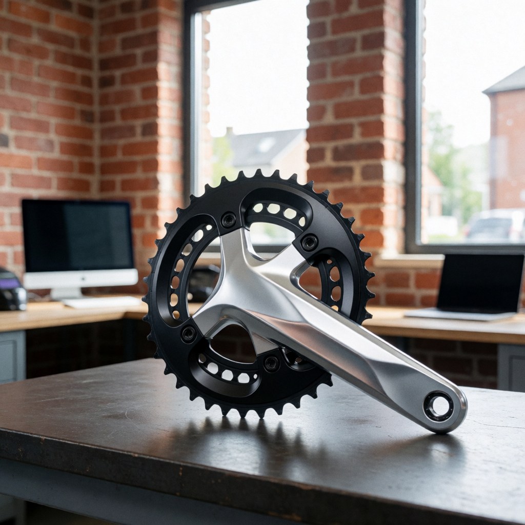 Ensemble de manivelles de vélo équipé d'un capteur de puissance posé sur une table de travail dans un atelier aux murs de briques avec une lumière naturelle.