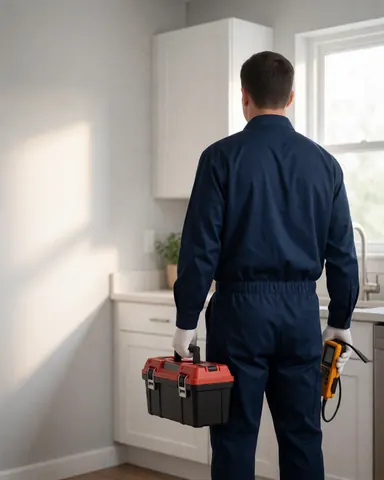 Technicien en uniforme bleu tenant un kit d'outils et un détecteur de gaz dans une cuisine moderne éclairée par la lumière naturelle, idéal pour les services de réparation de cuisinières.