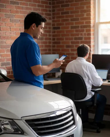 Une cliente consulte le paiement sur son smartphone à côté d'un véhicule propre dans un bureau avec un mur en briques, illustrant un service de lavage automobile.