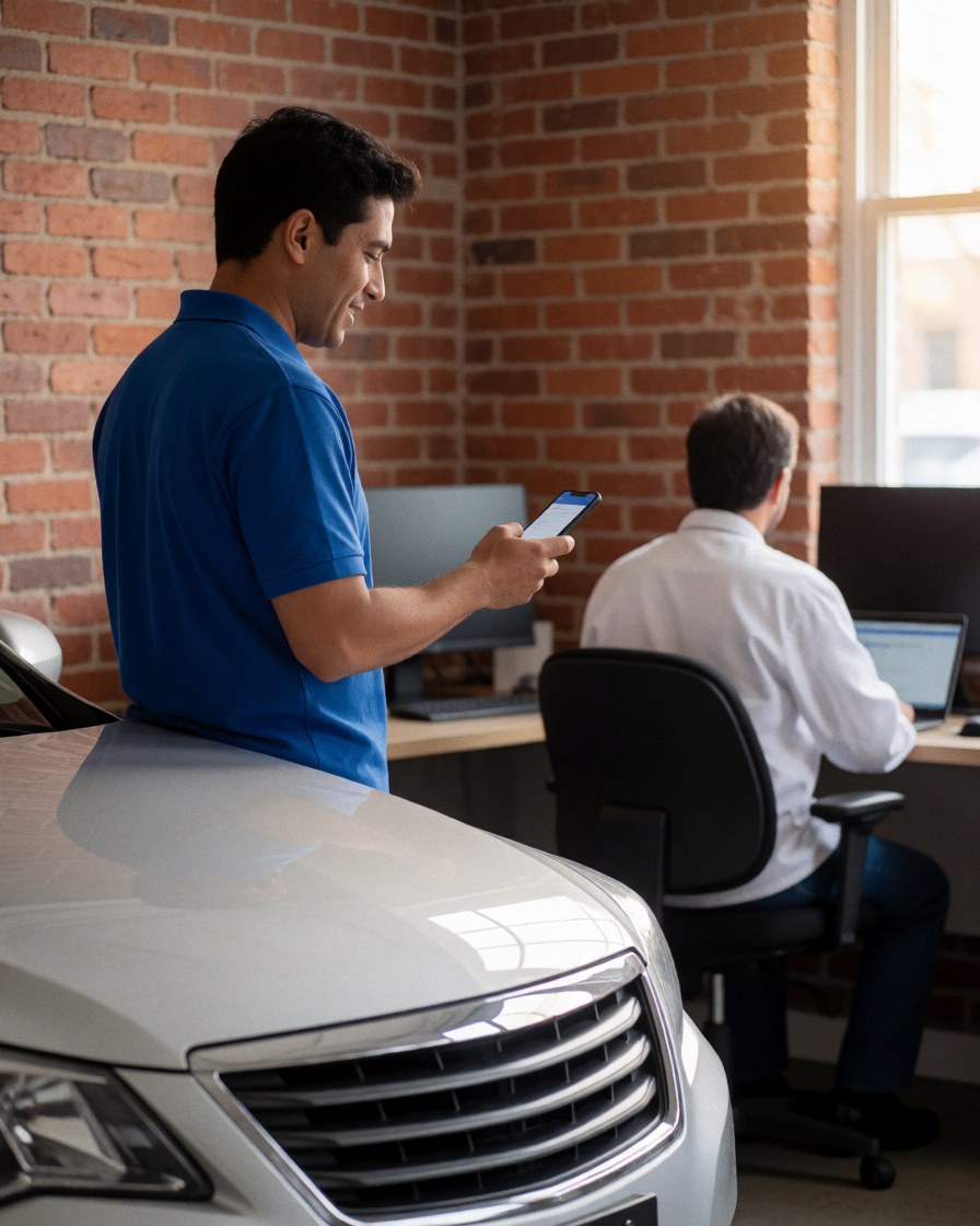 Une cliente consulte le paiement sur son smartphone à côté d'un véhicule propre dans un bureau avec un mur en briques, illustrant un service de lavage automobile.