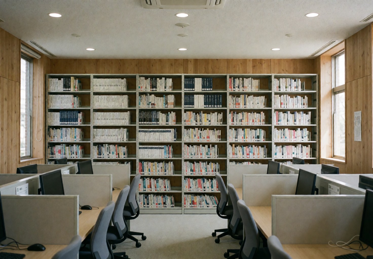 Bibliothèque technique équipée d'étagères métalliques remplies de livres, de chariots d'étude et de chaises ergonomiques, avec des murs en bois et une lumière naturelle.