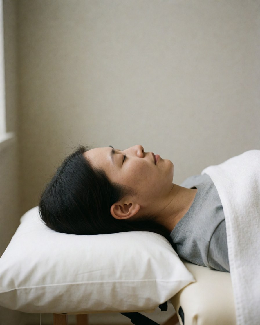 Une cliente relaxée allongée sur un lit de massage avec un oreiller blanc, devant un mur neutre, dans un environnement calme propice au massage cervical.