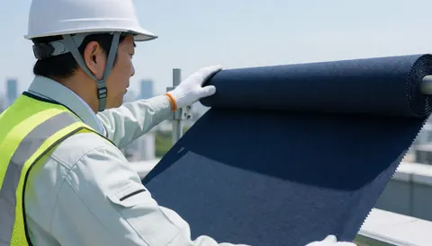 Un ouvrier sur un toit déroule une toile bleu marine. Il porte un casque blanc et un gilet de sécurité réfléchissant sous un ciel dégagé.
