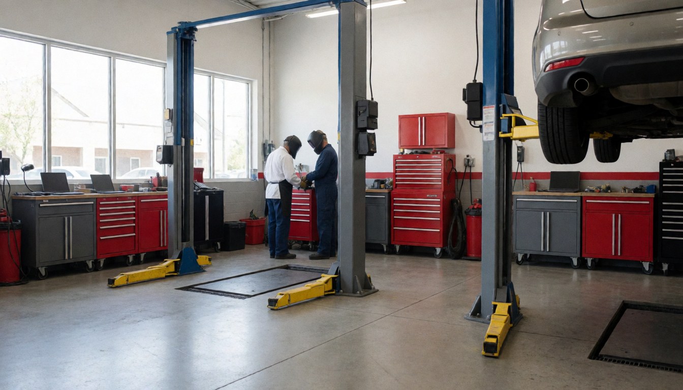 Vue d'un atelier de réparation de pneus avec deux voitures sur des ponts élévateurs et des outils dans des cabines rouges éclairées par la lumière naturelle.