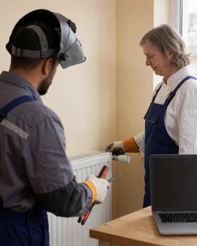 Un technicien en casque de soudage présente la connexion d'un radiateur blanc à une cliente âgée, avec des outils à la main, sur un mur beige.