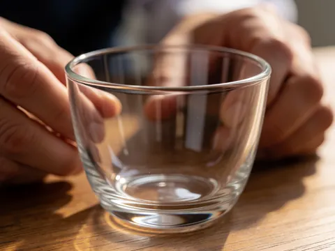 Gobelet en verre transparent posé sur une surface en bois, mains humaines et lumière naturelle, détail macro pour le massage avec ventouses.