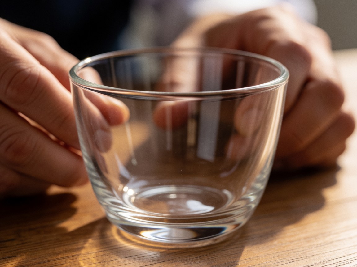 Gobelet en verre transparent posé sur une surface en bois, mains humaines et lumière naturelle, détail macro pour le massage avec ventouses.