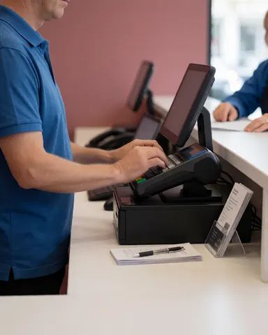 Employé utilisant un terminal de paiement pour assister un client dans un magasin moderne aux murs roses et à la table blanche.