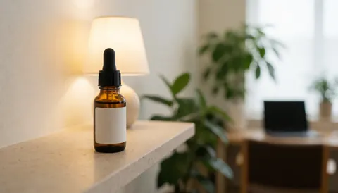 Bouteille d'homéopathie avec compte-gouttes posée sur une étagère en pierre, éclairage chaleureux et plantes vertes en arrière-plan d'un espace de consultation.