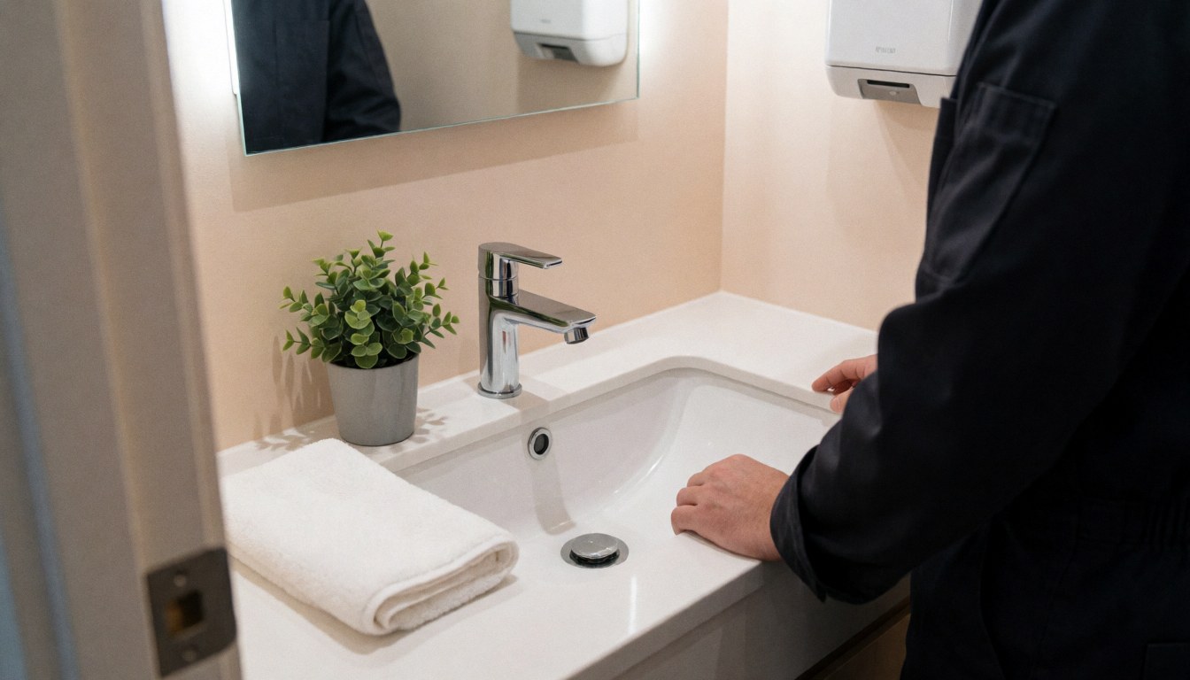 Salle de bain propre avec un robinet, une serviette pliée et une plante, idéale pour un salon de beauté.
