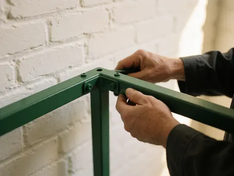 Des mains assemblent un joint métallique vert à finition polie contre un mur de briques blanches.
