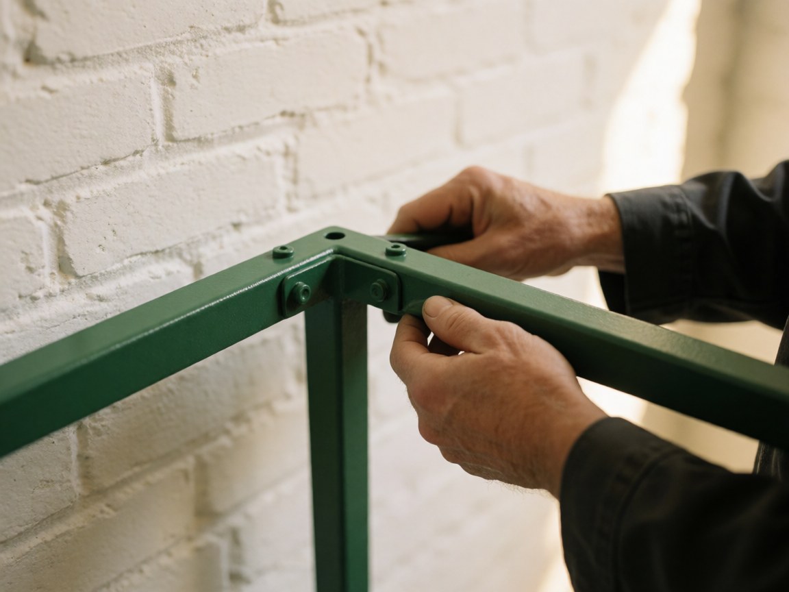 Des mains assemblent un joint métallique vert à finition polie contre un mur de briques blanches.