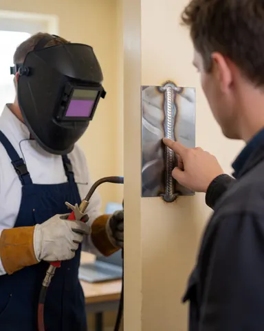 Un client inspecte une soudure sur un mur beige, avec un soudeur casqué visible en arrière-plan lors d'une vérification professionnelle.