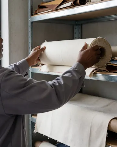 Professionnel tenant un rouleau de toile de canvas sur une étagère métallique dans un atelier de tapissier avec des morceaux de cuir et un mur en béton.