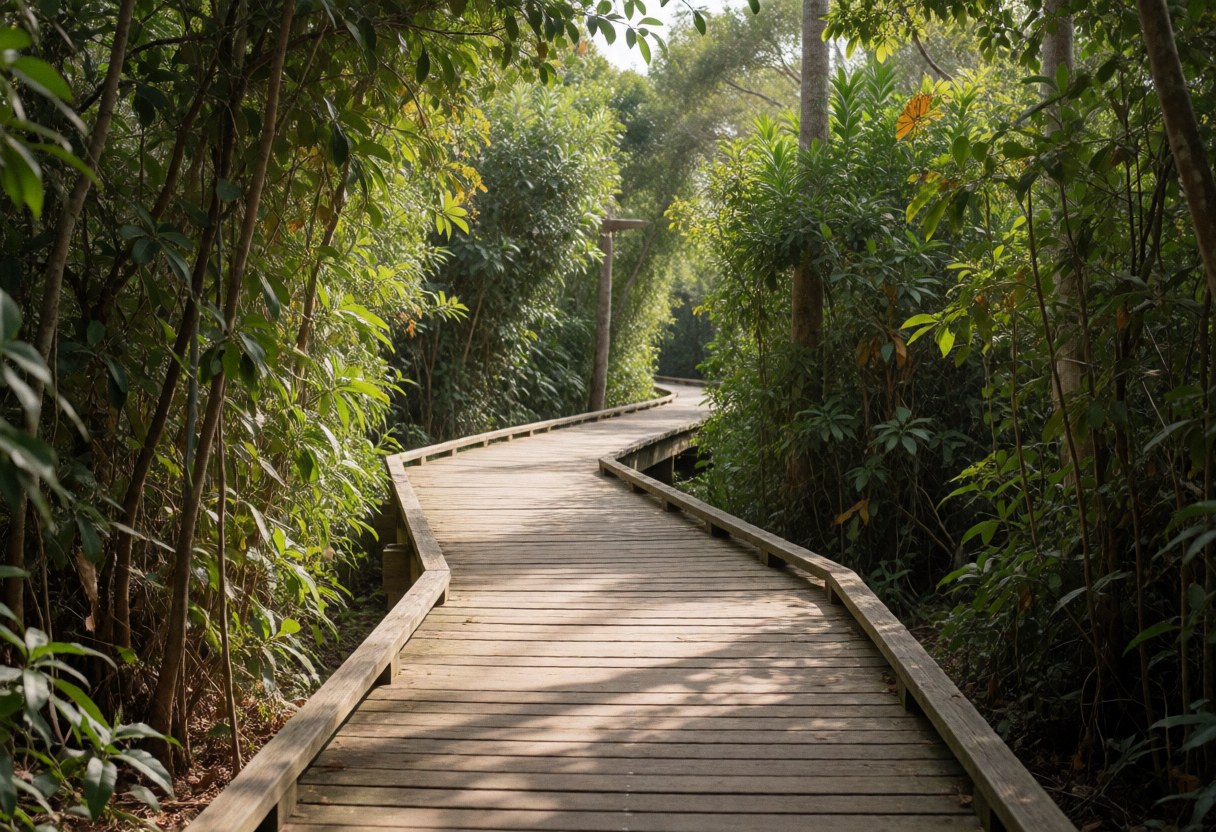 Un sentier en bois sinueux traverse une végétation luxuriante sous un éclairage naturel filtré, créant une ambiance invitante pour l'exploration en plein air.