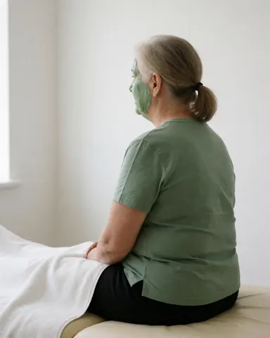 Une femme adulte avec un masque vert est assise sur une table dans une clinique aux murs blancs, créant une ambiance calme et professionnelle.