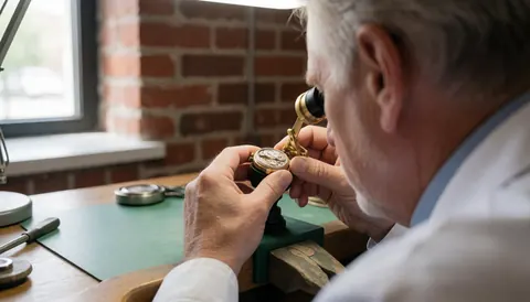 Un technicien examine une montre-bracelet à l'aide d'une loupe en laiton dans un atelier éclairé par la lumière naturelle.