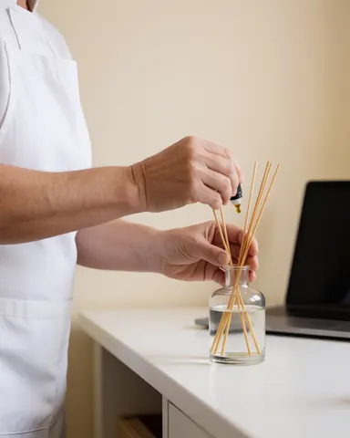Une main ajoute de l'huile essentielle dans un diffuseur à bâtonnets posé sur une table blanche, préparant une ambiance relaxante dans un espace propre et ordonné.