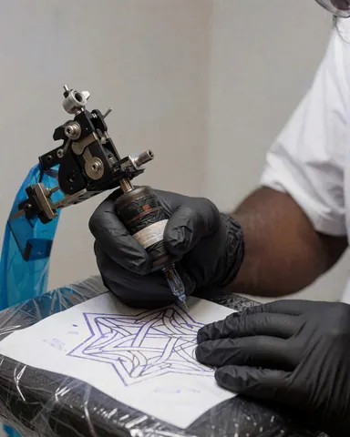 Machine à tatuer tenue dans une main gantée de noir, posée sur un papier à motif géométrique dans un studio de tatouage.