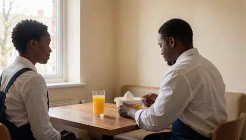 Un homme presse une orange sur une table en bois dans un appart-hôtel aux murs beiges et à la lumière naturelle.