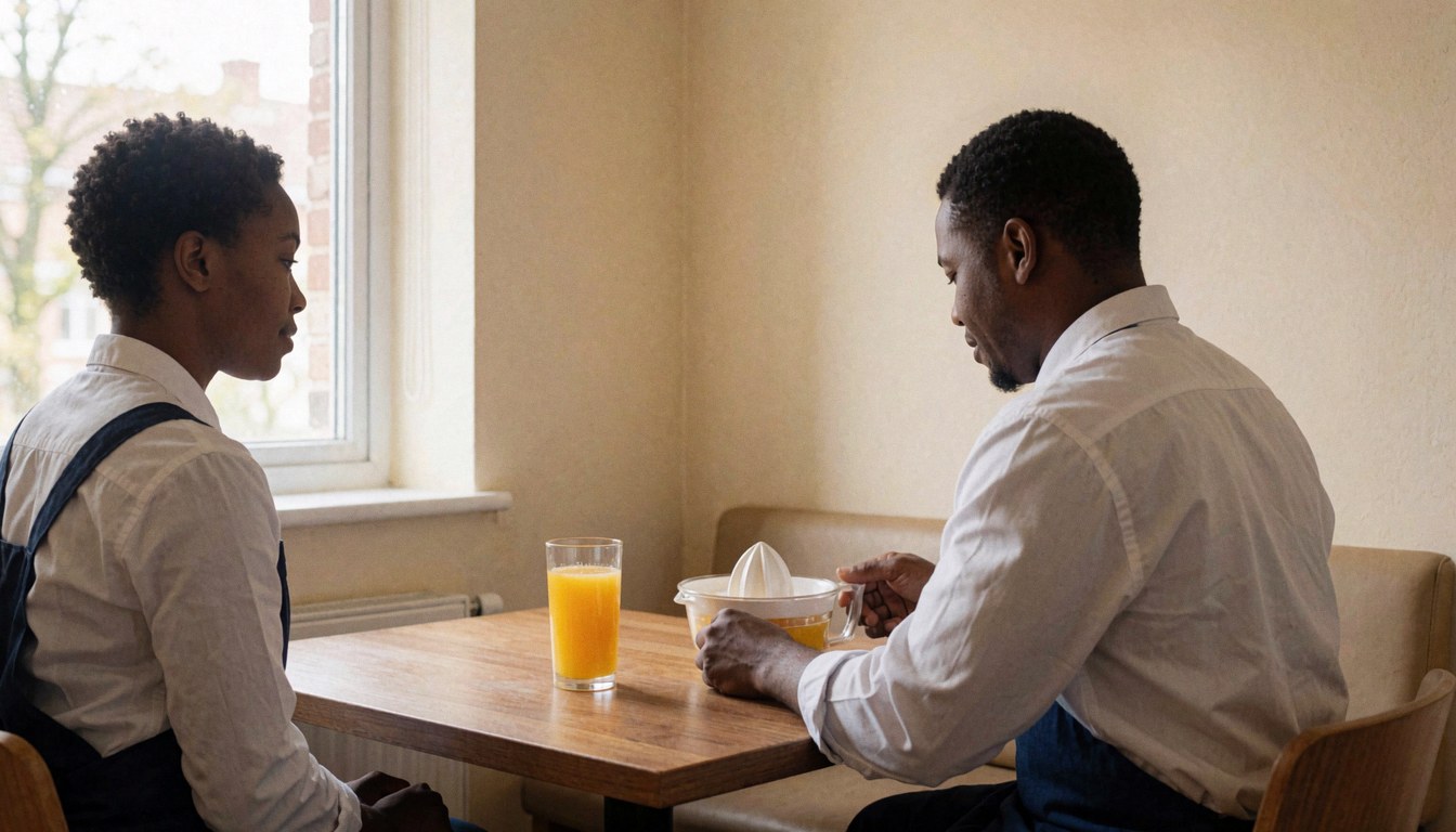 Un homme presse une orange sur une table en bois dans un appart-hôtel aux murs beiges et à la lumière naturelle.