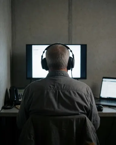 Une cliente utilise un service de streaming avec des écouteurs dans un bureau moderne équipé d'un ordinateur portable et d'un mur en béton apparent.