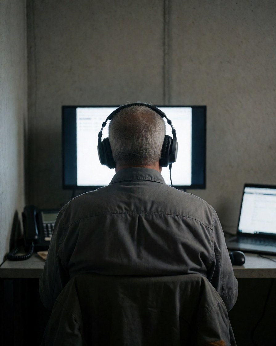 Une cliente utilise un service de streaming avec des écouteurs dans un bureau moderne équipé d'un ordinateur portable et d'un mur en béton apparent.
