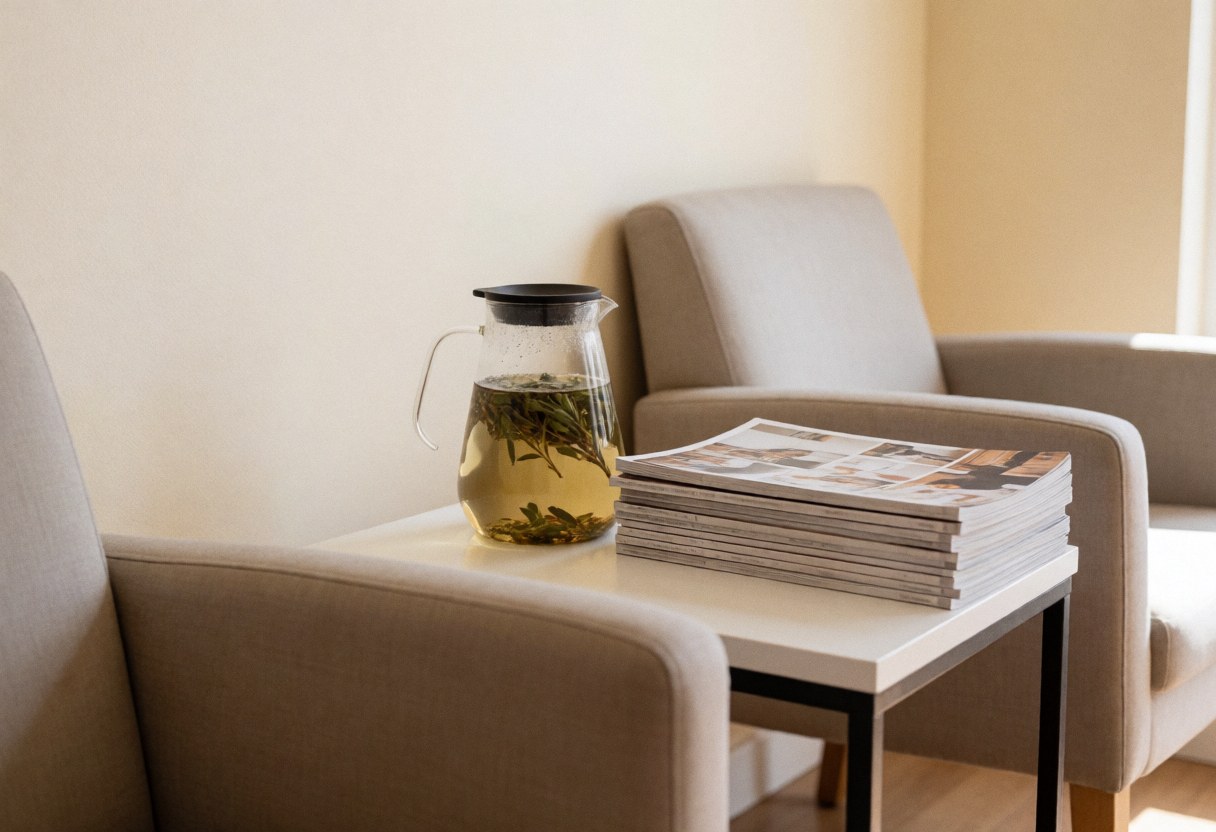 Table d'attente avec pichet de thé et magazines dans un salon avec chaises beige et murs clairs, idéal pour un centre de beauté ou spa.