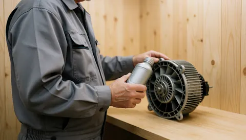 Technicien en uniforme gris examine un moteur de ventilateur avec une bouteille d'huile sur une table en bois lors d'une intervention de maintenance.
