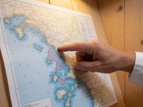 Une main pointe une coordonnée spécifique sur une carte marine montrant des zones protégées et des coraux, posée sur un mur en bois clair éclairé par une lumière chaude.