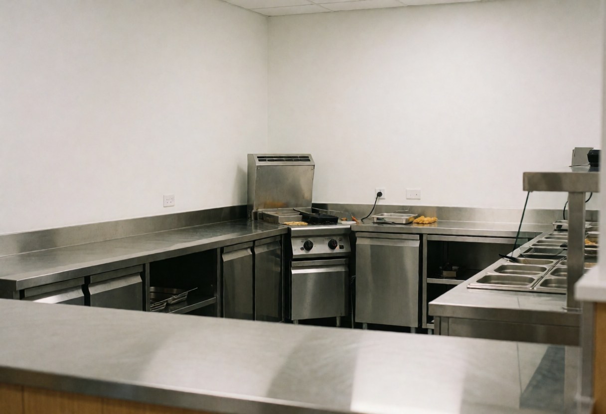 Cuisine professionnelle équipée d'une cuisinière industrielle, de tables en acier inoxydable et de murs blancs, adaptée à un centre de loisirs.