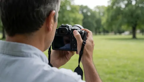 Vue de dos d'un photographe professionnel tenant une caméra dans un parc en extérieur avec un fond vert et une lumière naturelle.