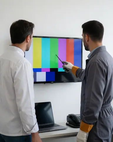 Un technicien en gants pointe un écran de test sur un téléviseur pendant qu'un client observe dans un atelier moderne.