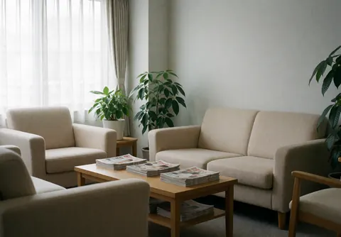 Salle d'attente spacieuse équipée de canapés beige, d'une table en bois, de plantes vertes et de magazines, idéale pour un centre de bien-être.