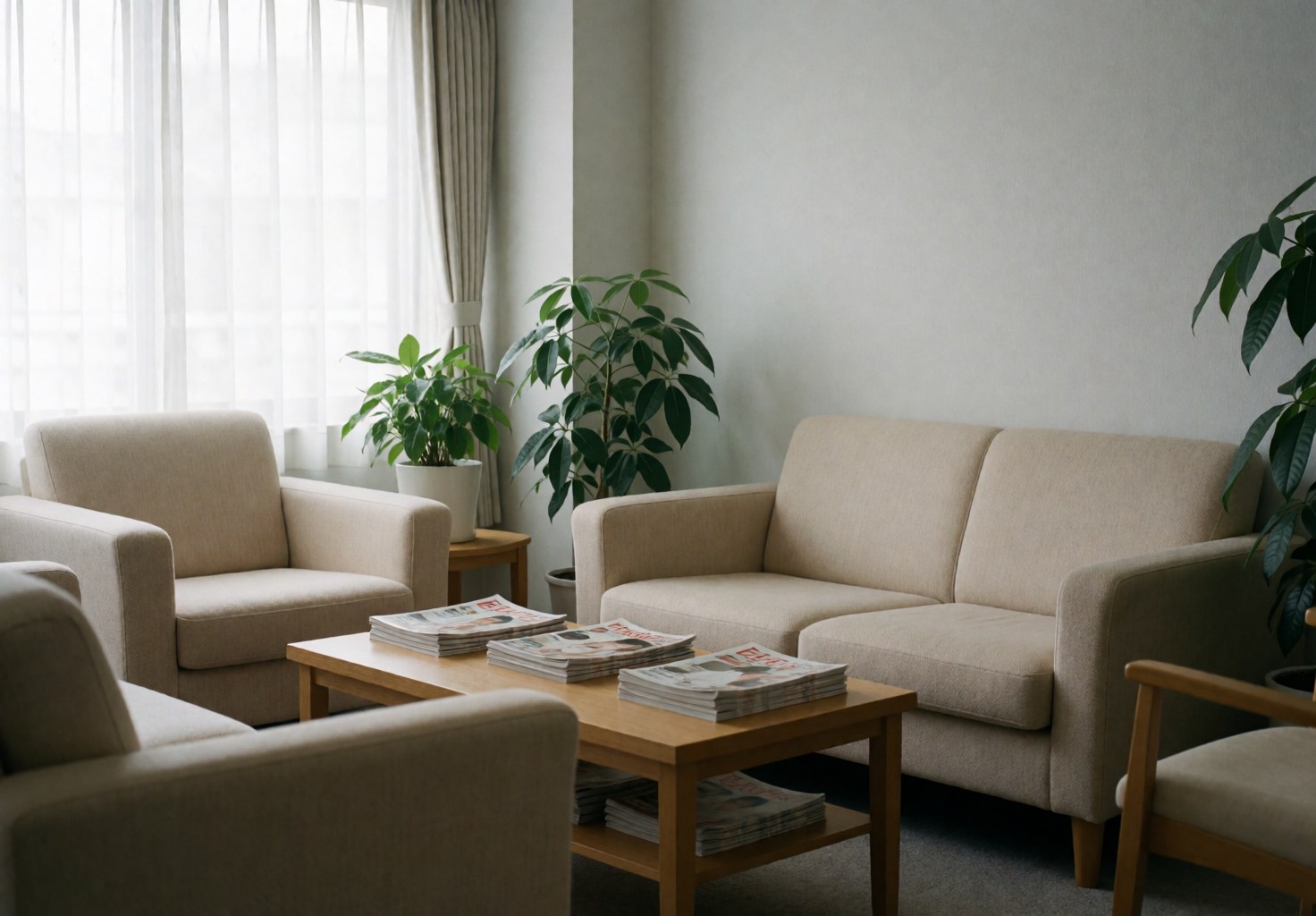 Salle d'attente spacieuse équipée de canapés beige, d'une table en bois, de plantes vertes et de magazines, idéale pour un centre de bien-être.