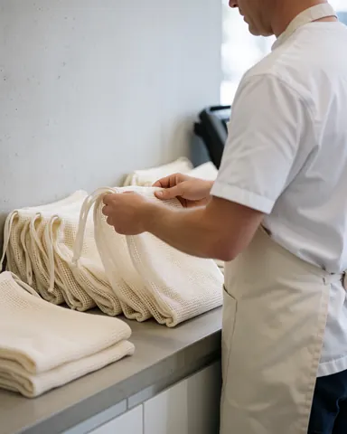 Un travailleur range des sacs en maille sur une table dans une laverie propre avec un mur en béton.