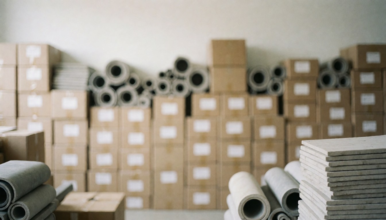 Entrepôt de matériaux de cuisine avec des cartons, des rouleaux de carreaux et des panneaux, fond neutre pour textes commerciaux