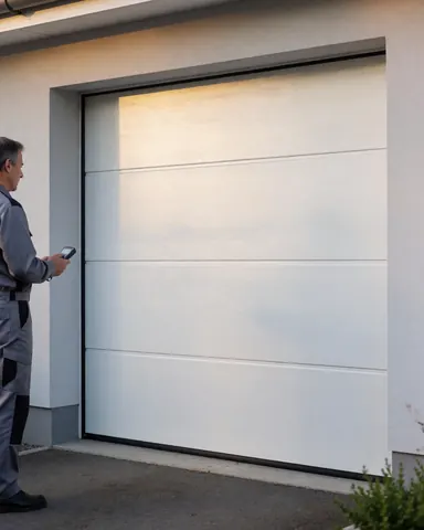 Un technicien en uniforme actionne une porte de garage moderne à l'aide d'une télécommande, éclairé par la lumière du coucher de soleil sur un mur gris clair.
