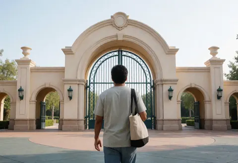 Une personne se dirige vers l'entrée principale d'un parc à thème sous un ciel dégagé.