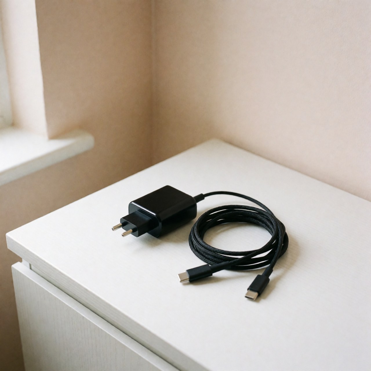 Adaptateur noir avec câble USB-C tressé posé sur une surface blanche, idéal pour la réparation de téléphones mobiles et la vente d'accessoires électroniques.