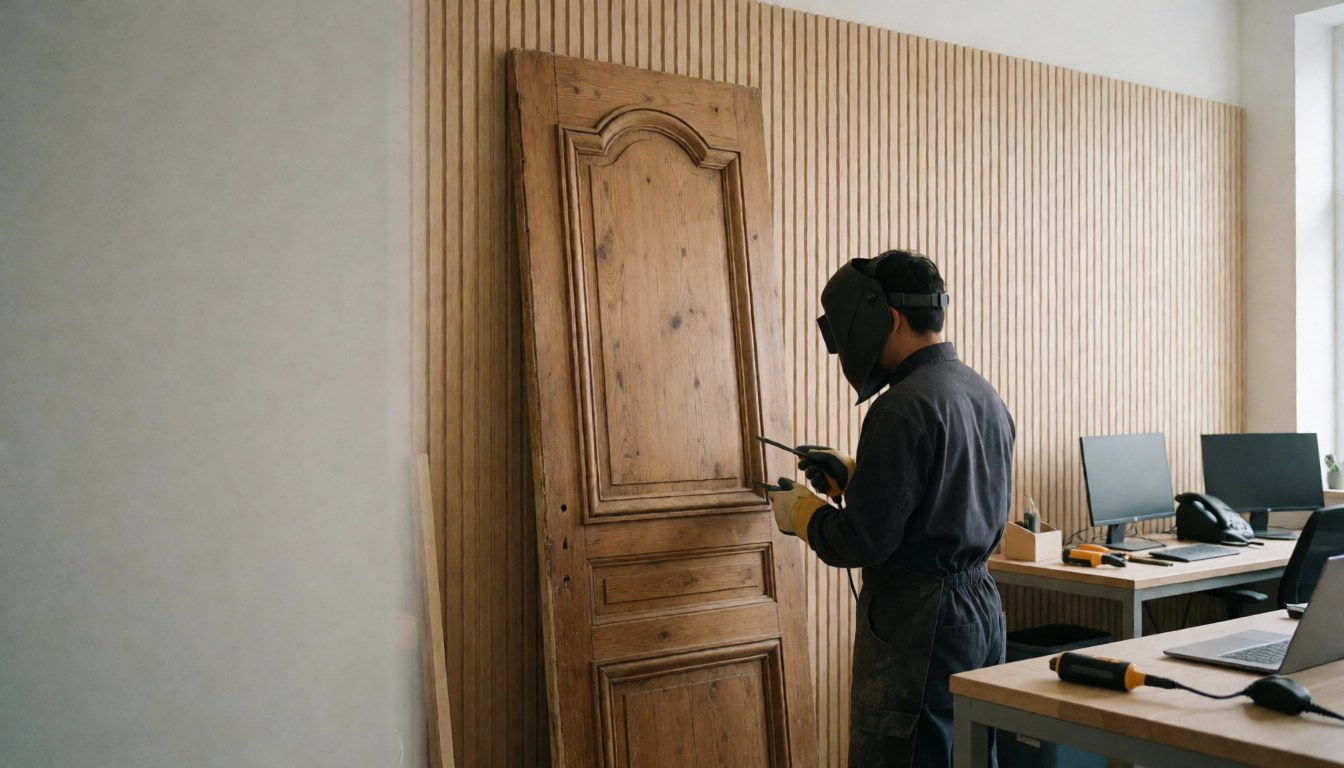 Atelier de restauration de meubles avec une porte en bois ancien en cours de ponçage, murs à lamelles et lumière naturelle.